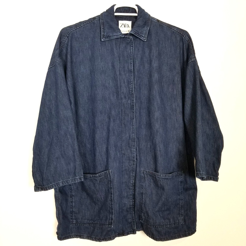 Zara Minimalist Denim Jacket Women Sz M Blue Long Pockets Relaxed Boho - Picture 2 of 11